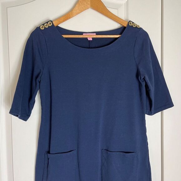 Lilly Pulitzer Lilah Dress Gold Button Shoulder Pockets Womens Medium Navy - Picture 4 of 7
